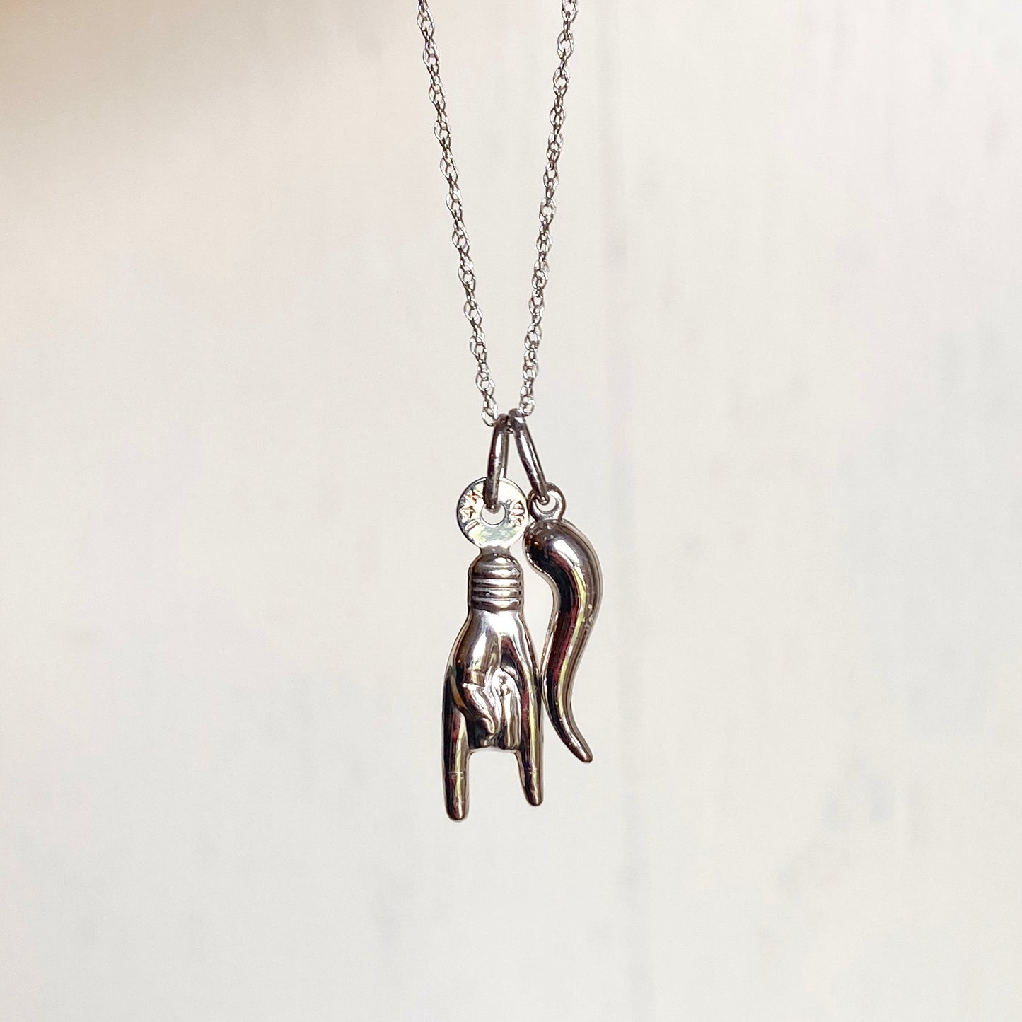 14KT White Gold Mano Cornuto + Italian Horn Pendants Chain Necklace