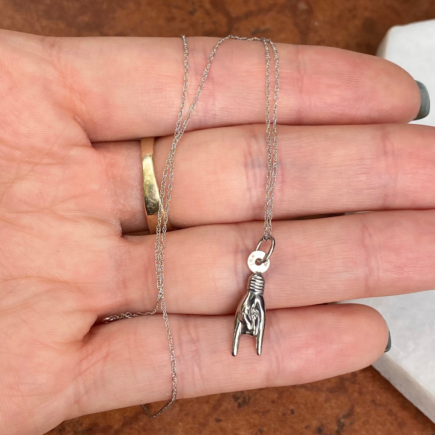 14KT White Gold Mano Cornuto Pendant Chain Necklace - LSJ