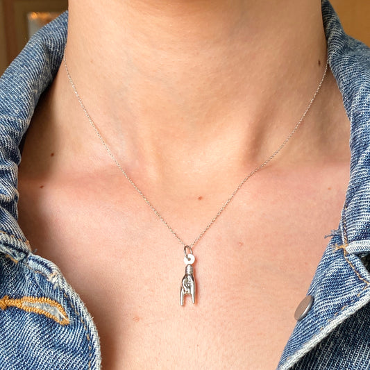 14KT White Gold Mano Cornuto Pendant Chain Necklace