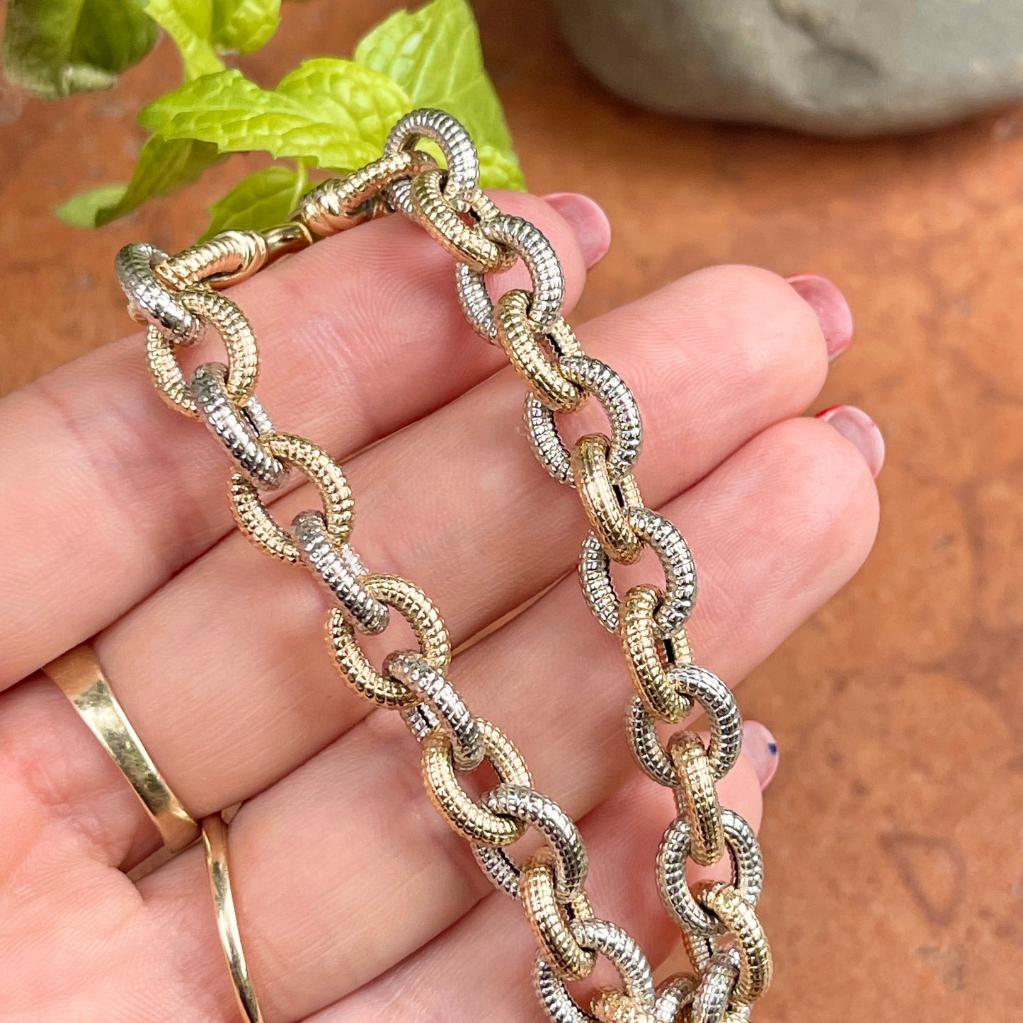 Estate 14KT Yellow Gold + White Gold Rolo Link Chain Toggle Bracelet