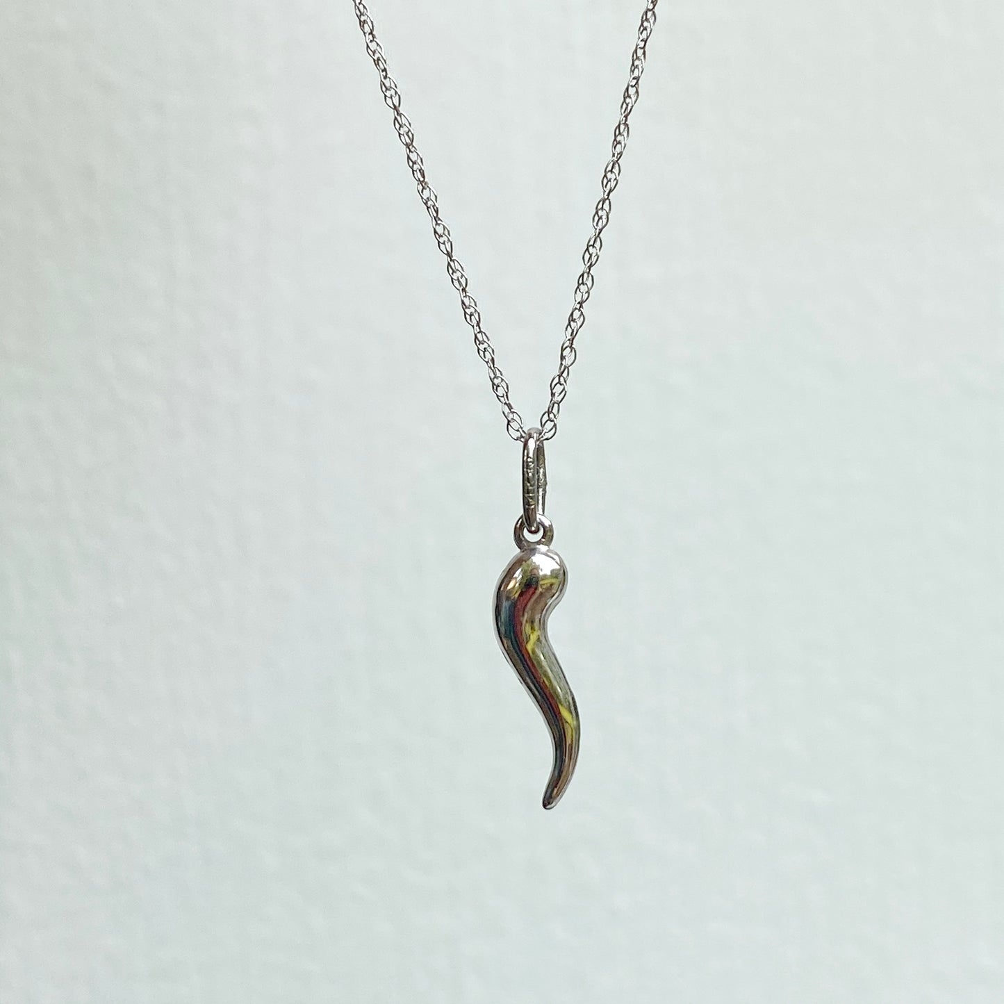 10KT White Gold Small Italian Horn Cornicello Pendant Chain Necklace