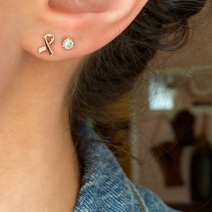 14KT Rose Gold + Yellow Gold Mini Breast Cancer Awareness Ribbon Stud Earrings