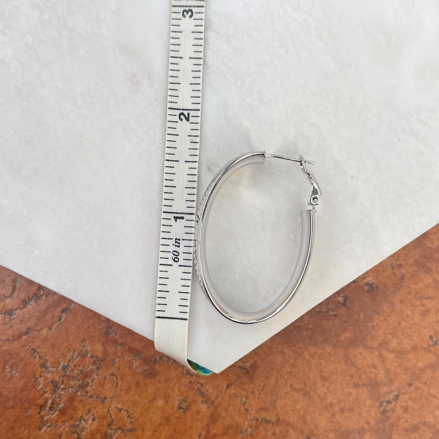 14KT White Gold Shiny 10mm Wide Oval Omega Hoop Earrings 41mm