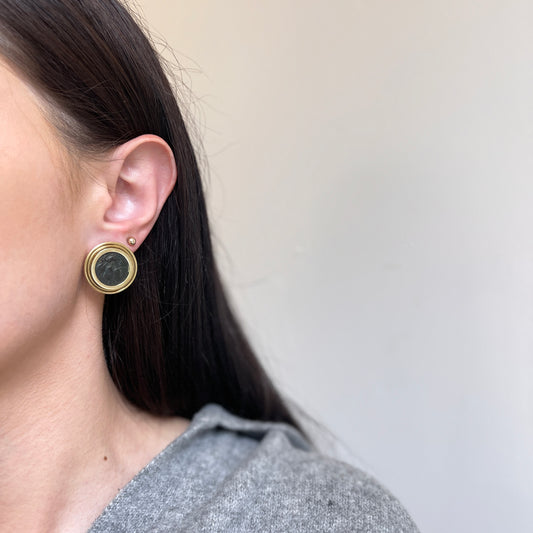 Estate 14KT Yellow Gold Bronze Roman Coin Double Bezel Omega Earrings