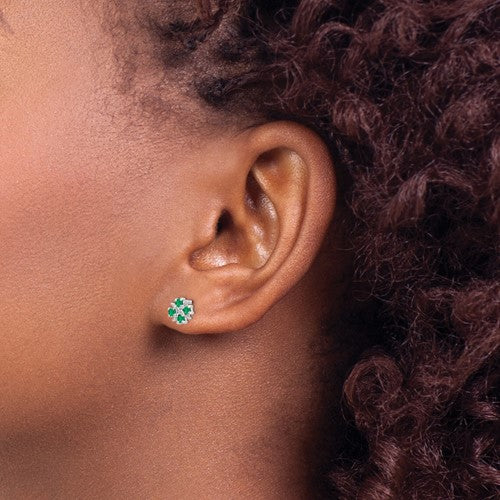 Sterling Silver Emerald + Diamond Mini Flower Stud Earrings