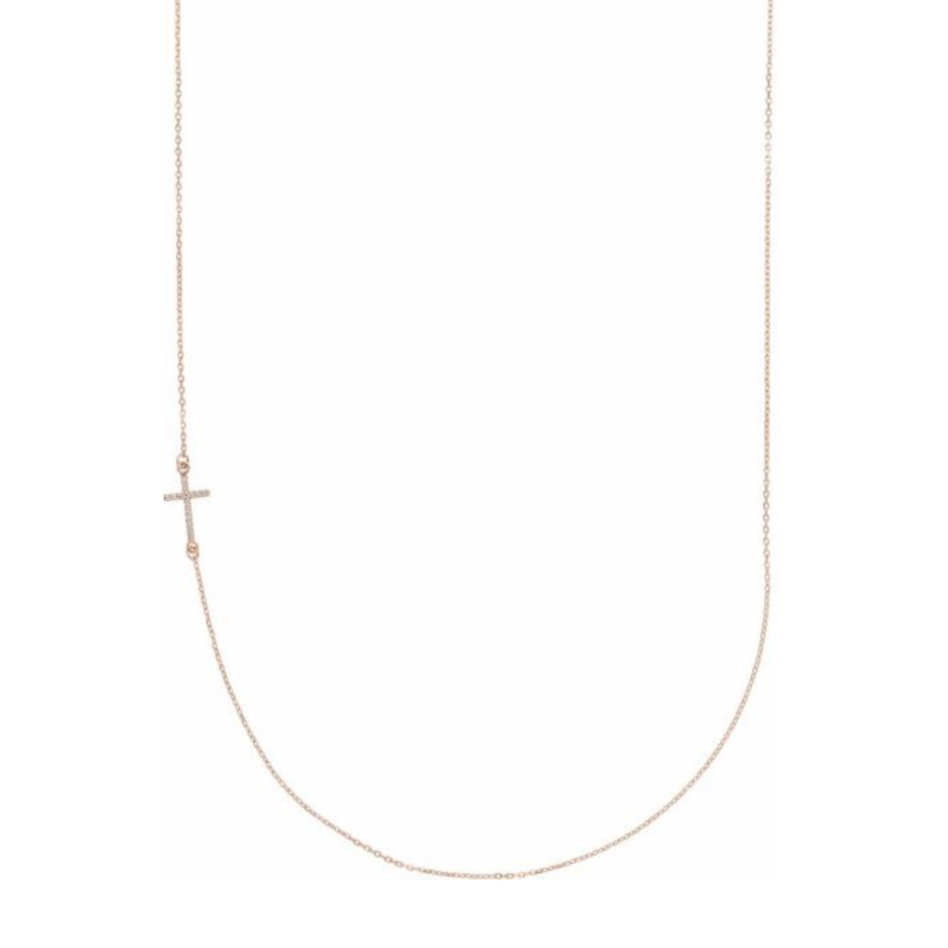 14KT Rose Gold .04 CT Diamond Off Center Sideways Cross Necklace LSJ