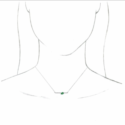 14KT White Gold 1/10 CT Diamond + Teardrop Emerald Bar Necklace