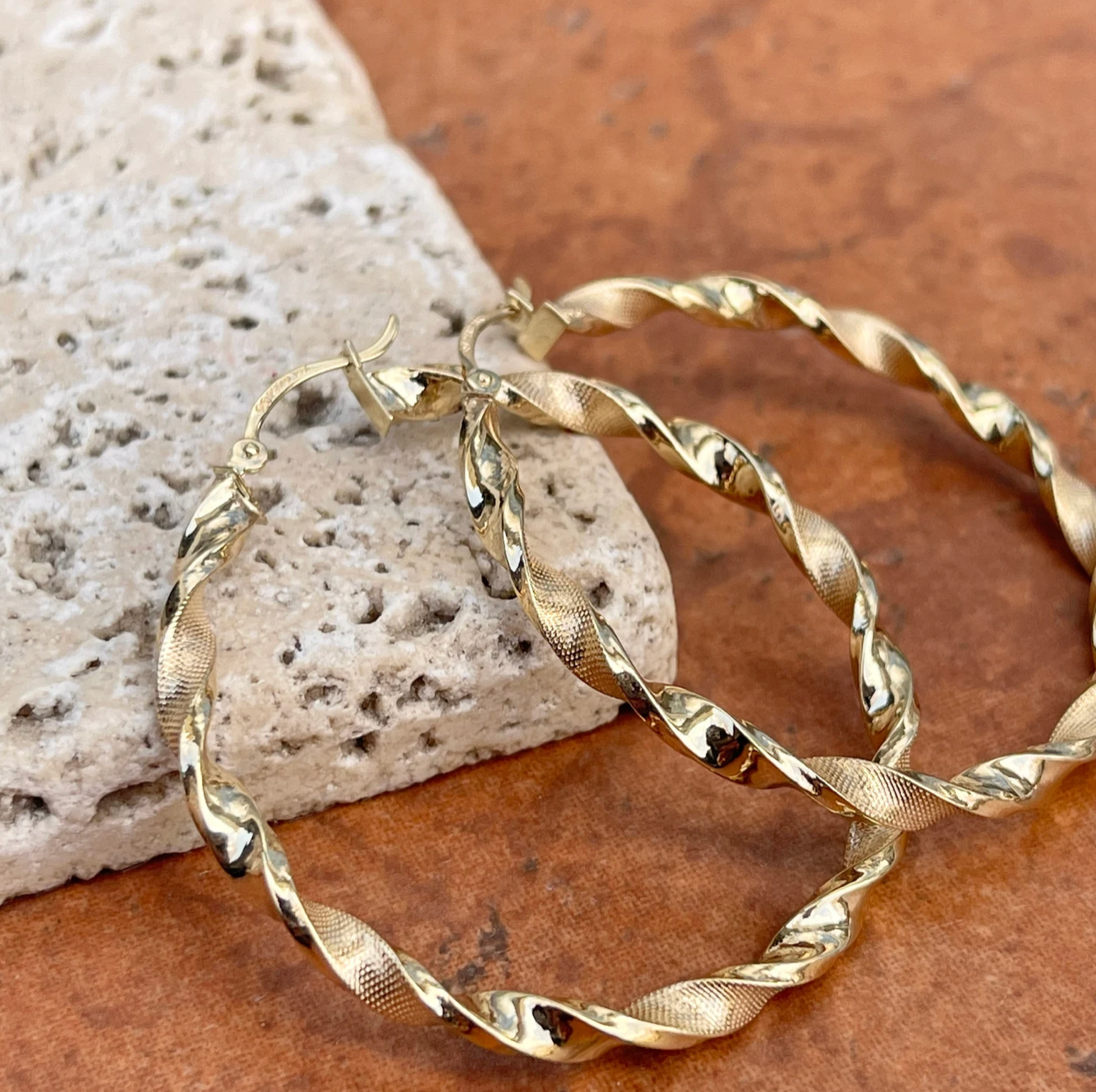 14KT Yellow Gold Satin + Shiny Twisted Tube Hoop Earrings 39mm