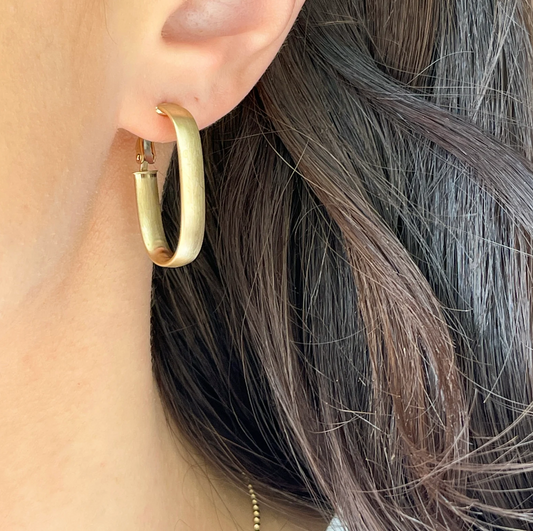 14KT Yellow Gold Matte Oval Hoop Earrings 28mm