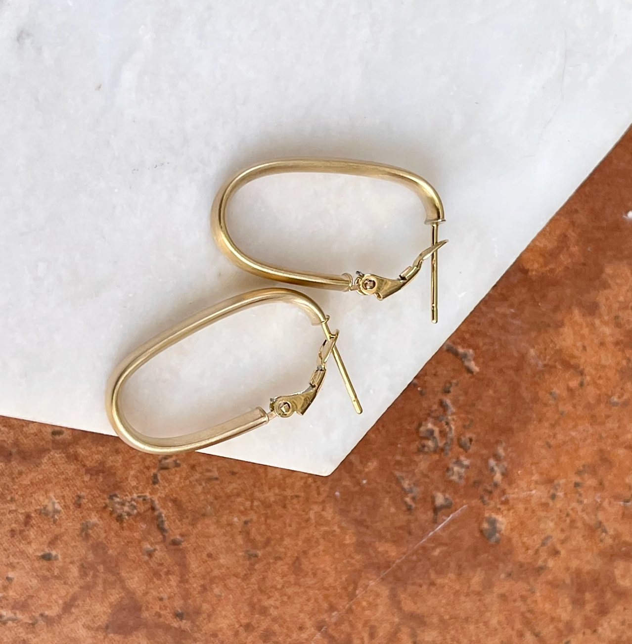 14KT Yellow Gold Matte Oval Hoop Earrings 28mm