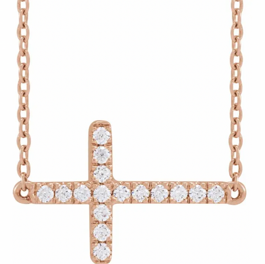 14KT Rose Gold 1/6 CT Diamond Sideways Cross Necklace