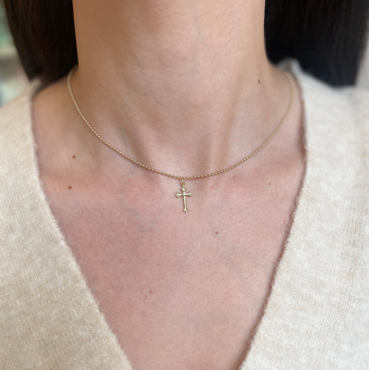 10KT Yellow Gold .01 CT Diamond Budded Cross Pendant Charm