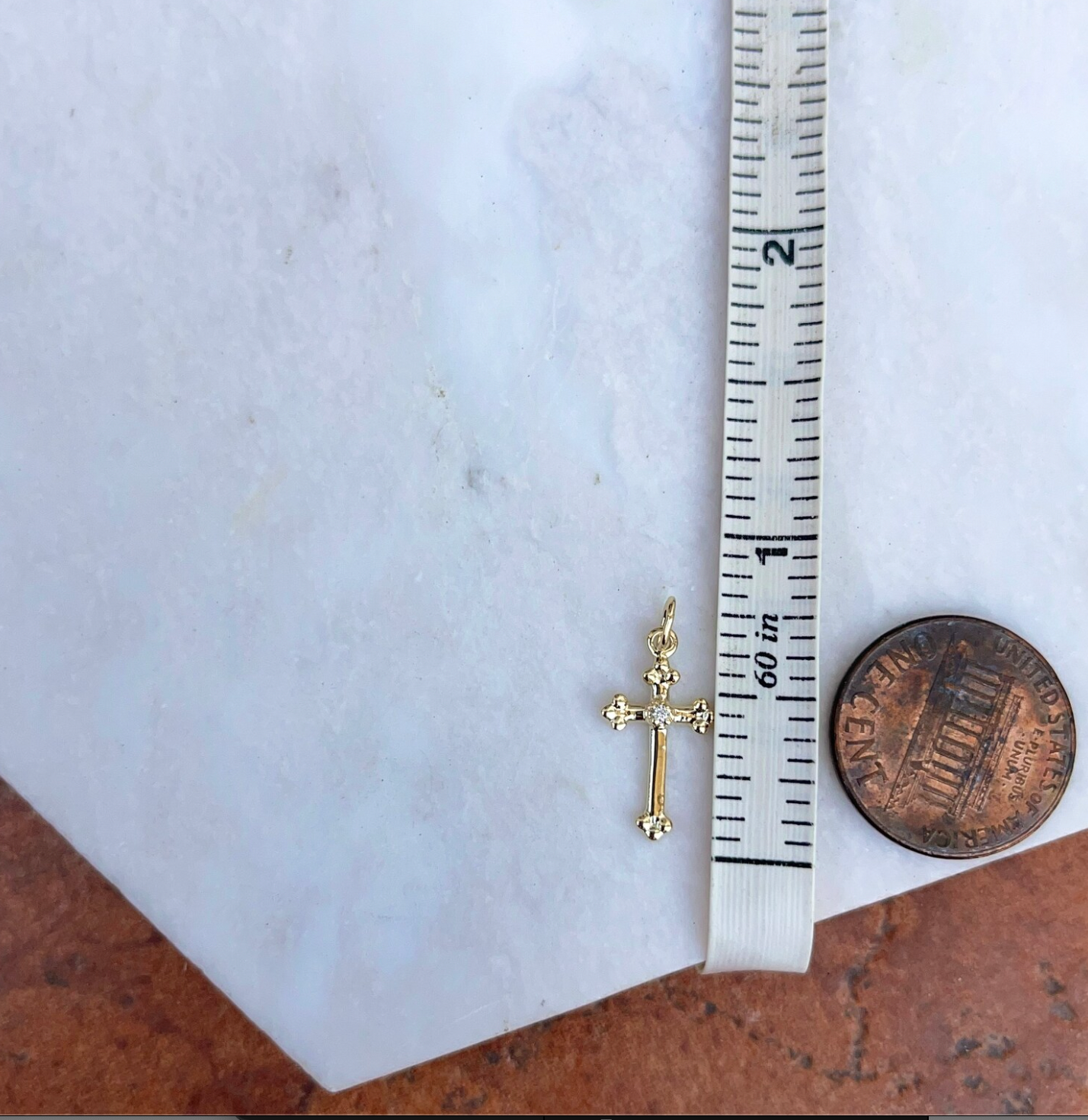 10KT Yellow Gold .01 CT Diamond Budded Cross Pendant Charm