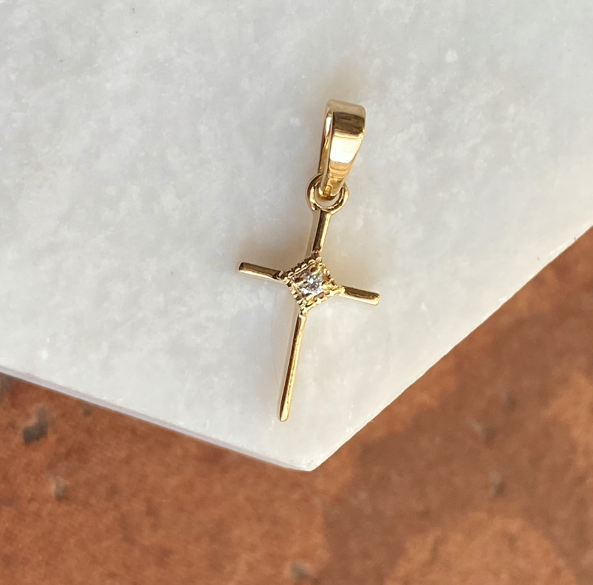 14KT Yellow Gold .01 CT Diamond Thin Cross Pendant Charm