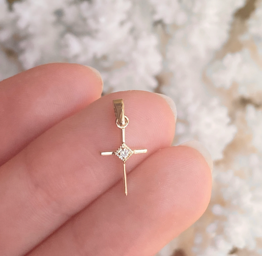 14KT Yellow Gold .01 CT Diamond Thin Cross Pendant Charm