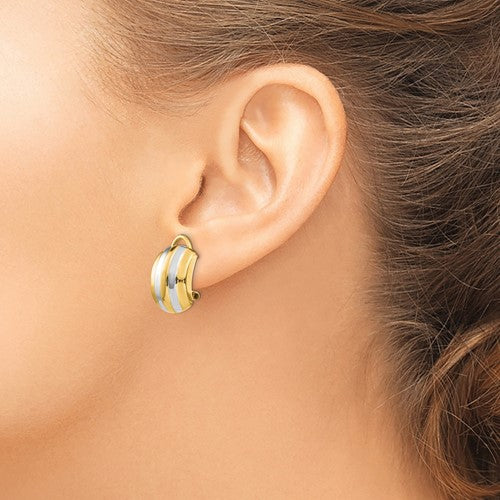 14KT Yellow Gold + Rhodium Striped Omega Back Earrings