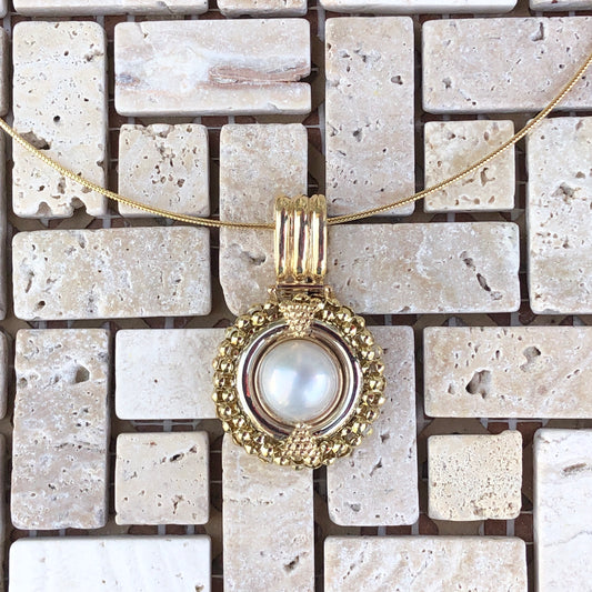 14KT Yellow Gold Mabe Pearl Popcorn Detailed Pendant Omega Slide, 14KT Yellow Gold Mabe Pearl Popcorn Detailed Pendant Omega Slide - Legacy Saint Jewelry