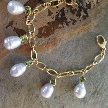 14KT Yellow Gold Peridot + Paspaley South Sea Pearl Charm Bracelet, 14KT Yellow Gold Peridot + Paspaley South Sea Pearl Charm Bracelet - Legacy Saint Jewelry
