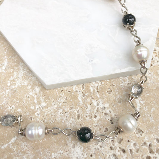 Sterling Silver Paspaley South Sea Pearl, Onyx + Quartz Lariat Necklace, Sterling Silver Paspaley South Sea Pearl, Onyx + Quartz Lariat Necklace - Legacy Saint Jewelry