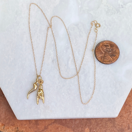 14KT Yellow Gold 20mm Mano Cornuto + Corno Italian Horn Pendants Chain Necklace