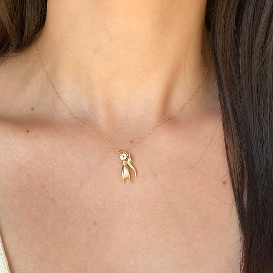 14KT Yellow Gold 20mm Mano Cornuto + Corno Italian Horn Pendants Chain Necklace