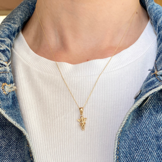 14KT Yellow Gold 3D Baby Guardian Angel Pendant Chain Necklace