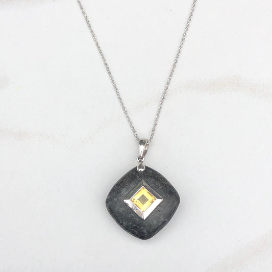 14KT White Gold Black Gray Stone + Citrine Pendant, 14KT White Gold Black Gray Stone + Citrine Pendant - Legacy Saint Jewelry