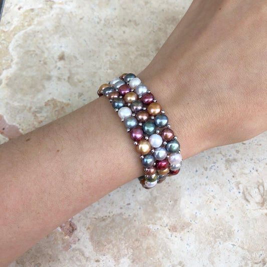Sterling Silver Multi-Colored Freshwater Pearl Triple Strand Bracelet, Sterling Silver Multi-Colored Freshwater Pearl Triple Strand Bracelet - Legacy Saint Jewelry