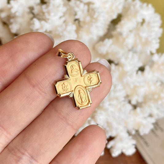 14KT Yellow Gold Satin Four Way Catholic Cross Medal Pendant 22mm