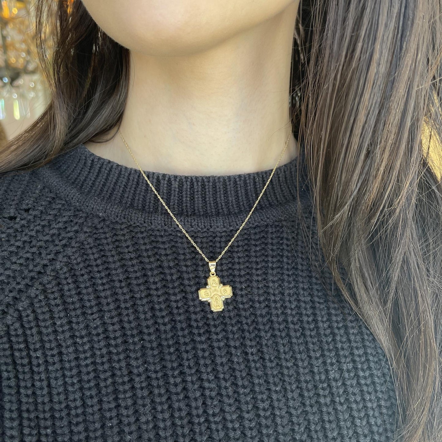 14KT Yellow Gold Satin Four Way Catholic Cross Medal Pendant 22mm