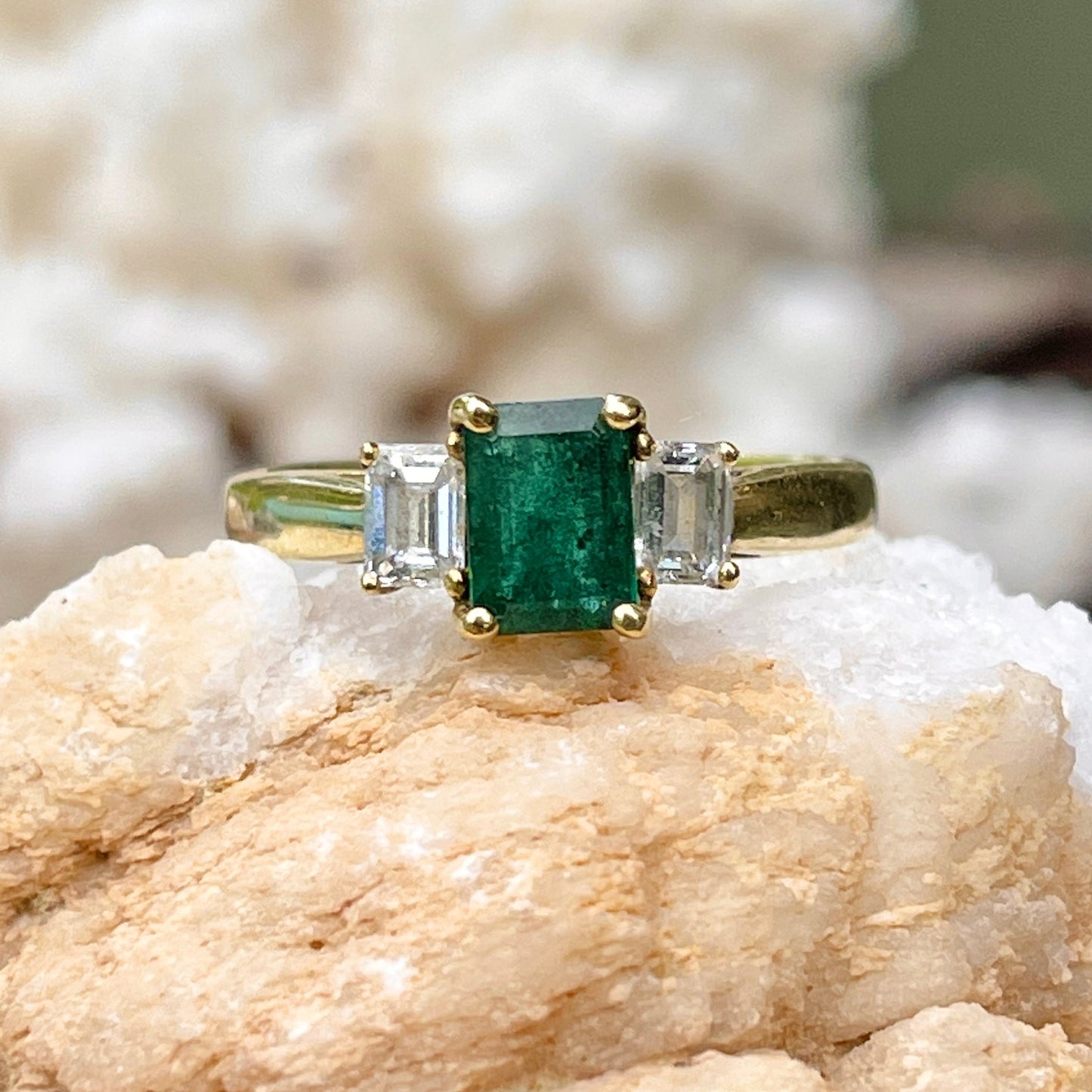 Estate 18KT Yellow Gold Emerald-Cut 1.25 CT Emerald + Diamond Accent Ring