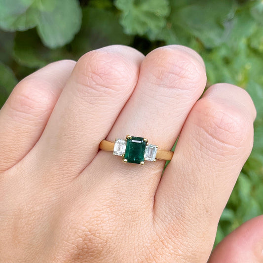 Estate 18KT Yellow Gold Emerald-Cut 1.25 CT Emerald + Diamond Accent Ring