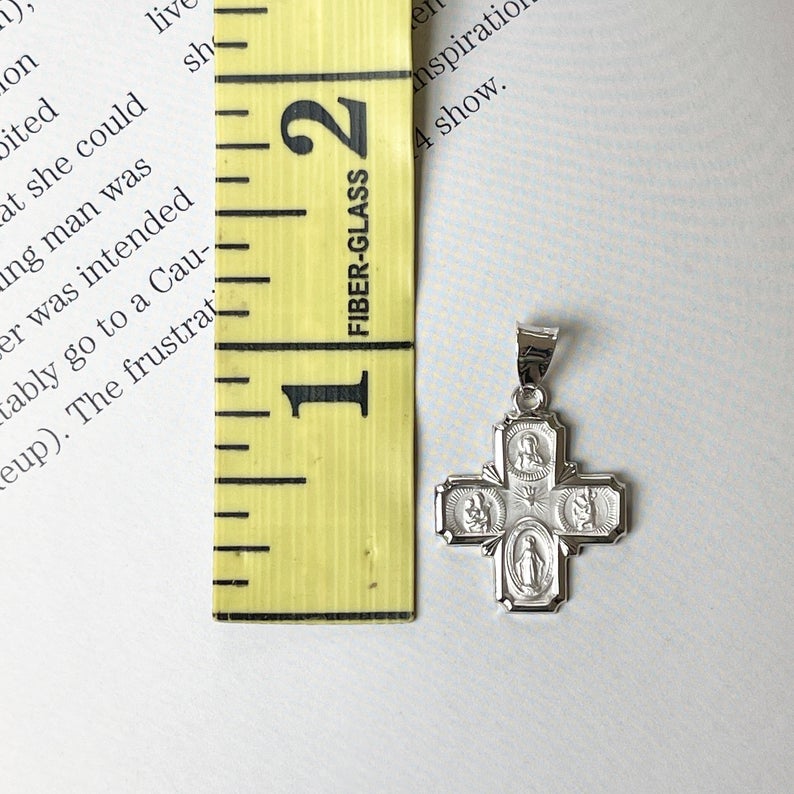 14KT White Gold Satin Four Way Catholic Cross Medal Pendant 24mm