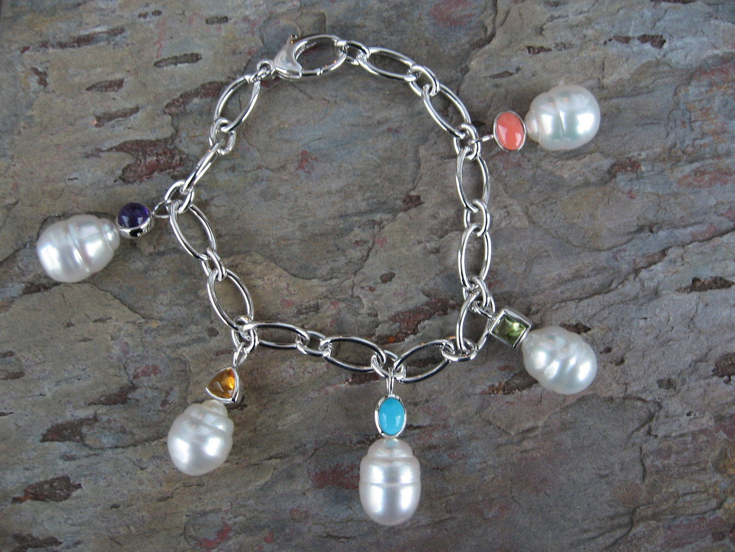 14KT White Gold Gemstones + Genuine Paspaley South Sea Pearls Bracelet - Legacy Saint Jewelry