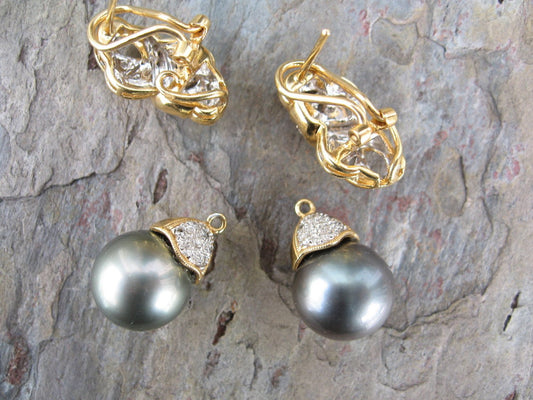 18KT Yellow Gold Pave Diamond + Gray Tahitian Pearl Estate Earrings - Legacy Saint Jewelry