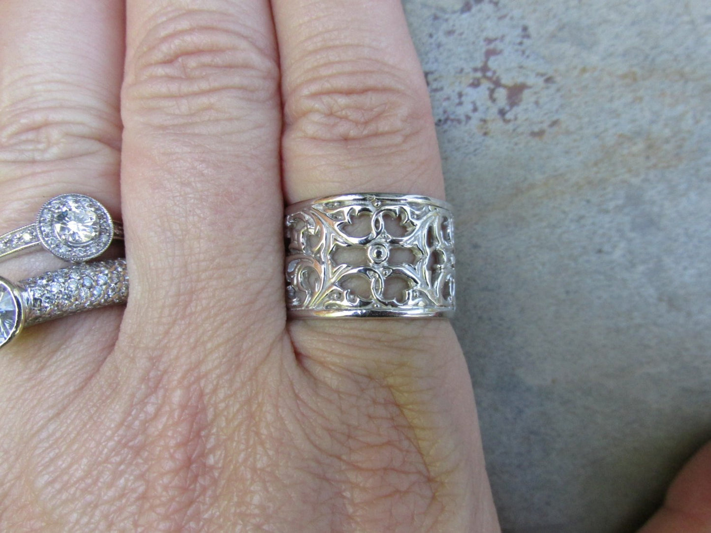 14KT White Gold Filigree Floral Cigar Band Ring - Legacy Saint Jewelry