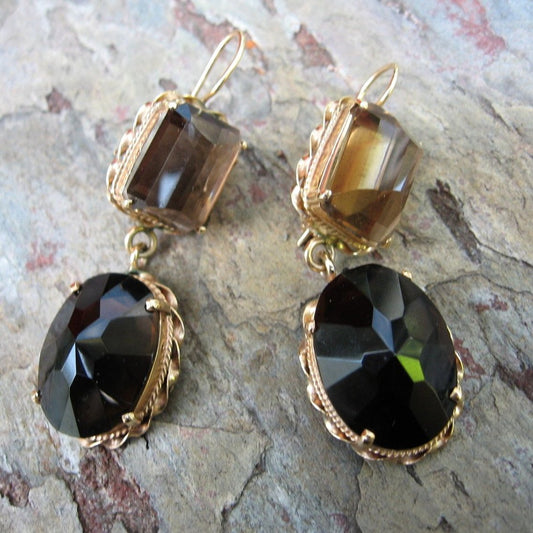 Estate 14KT Yellow Gold Smokey Quartz Dangle Gemstone Earrings - Legacy Saint Jewelry