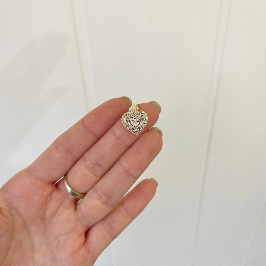 14KT Yellow Gold + White Gold Filigree Reversible Heart Pendant Charm - LSJ