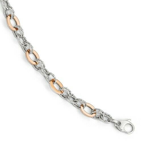 14KT White Gold + Rose Gold Diamond-Cut Rounded Rolo Link Bracelet, 14KT White Gold + Rose Gold Diamond-Cut Rounded Rolo Link Bracelet - Legacy Saint Jewelry