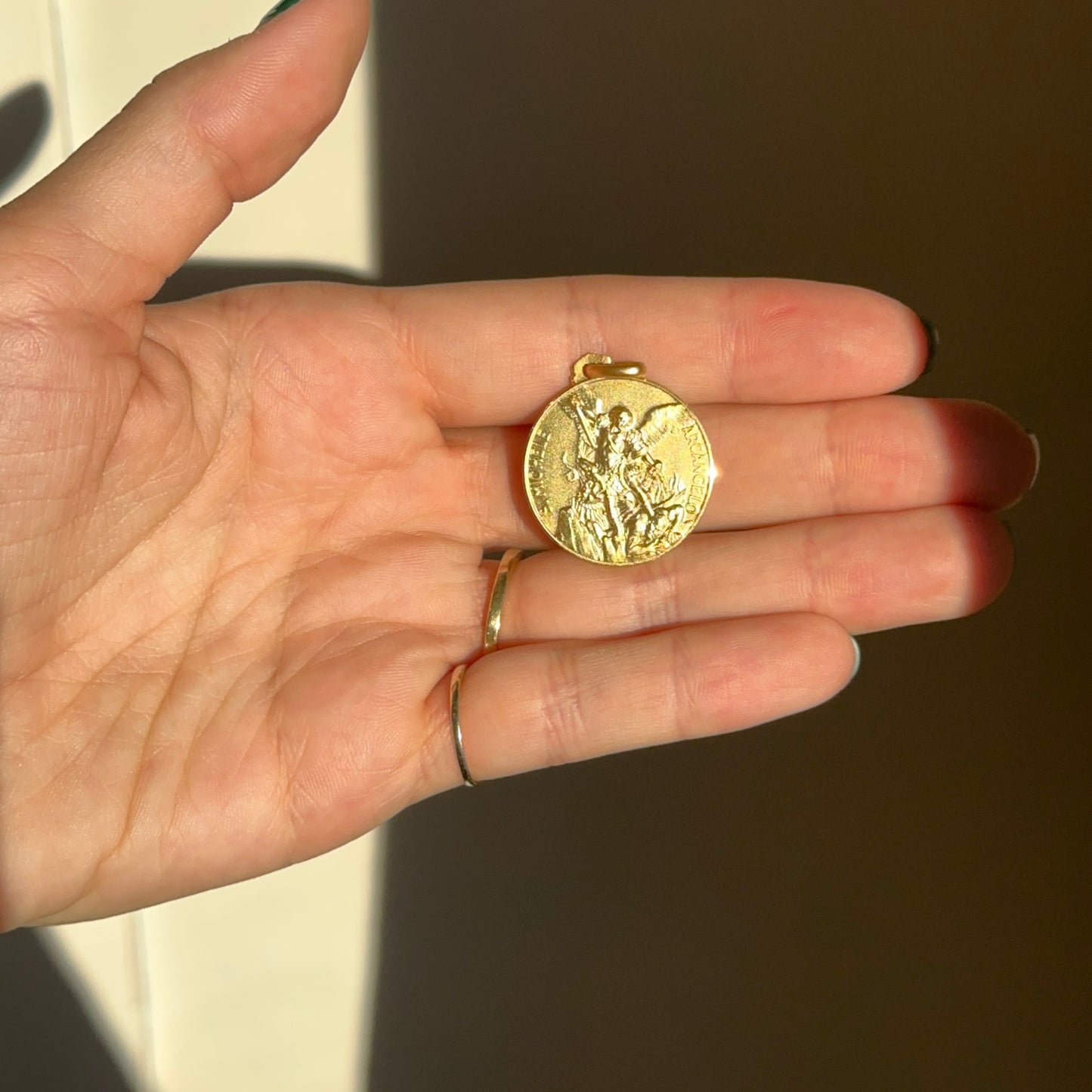 14KT Yellow Gold Matte St Michael Round Medal Pendant 25mm