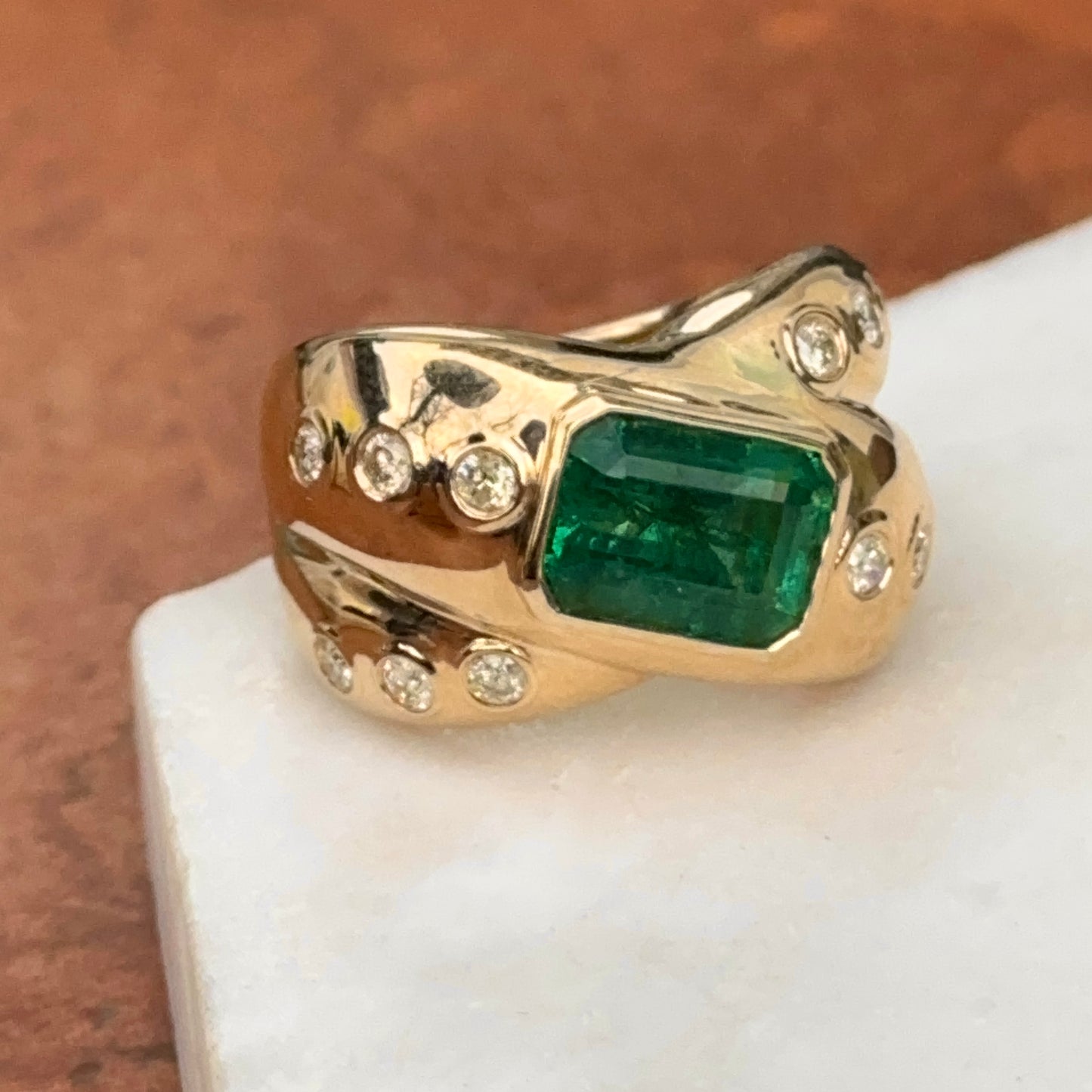 Estate 18KT Yellow Gold Bezel Emerald-Cut Emerald + Diamond Ring