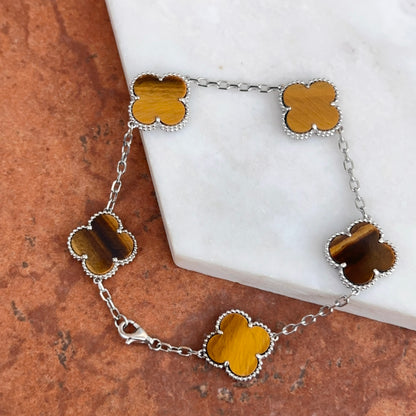14KT White Gold Tiger’s Eye Ribbed Clover Bracelet