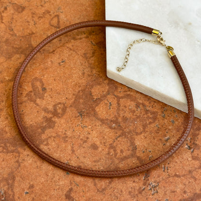 14KT Yellow Gold Brown Stitched 3mm Leather Necklace