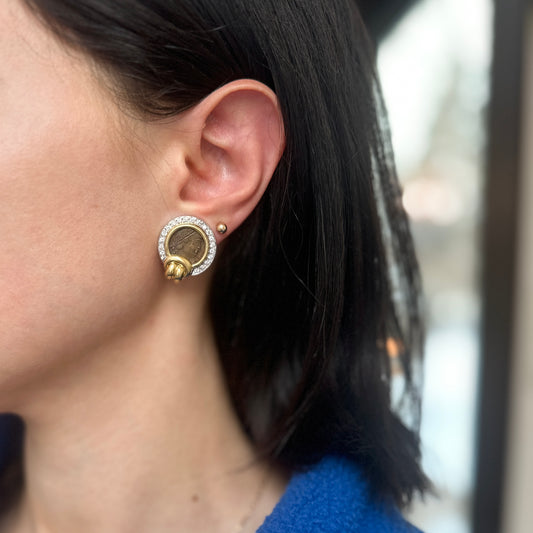 Estate 14KT Yellow Gold Pave Diamond Roman Coin Omega Back Earrings - LSJ