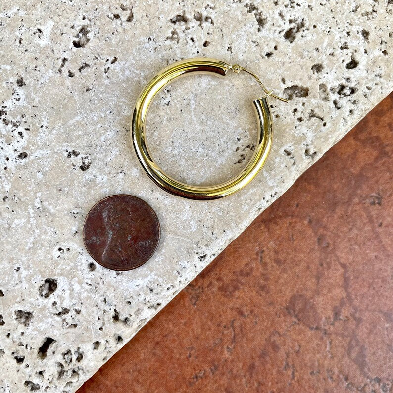 10KT Yellow Gold Hollow Tube Hoop Earrings 28mm