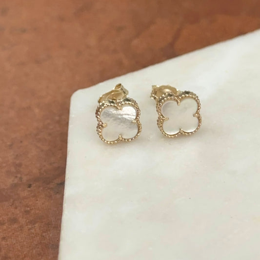 14KT Yellow Gold 8mm Beaded Mother of Pearl Clover Stud Earrings