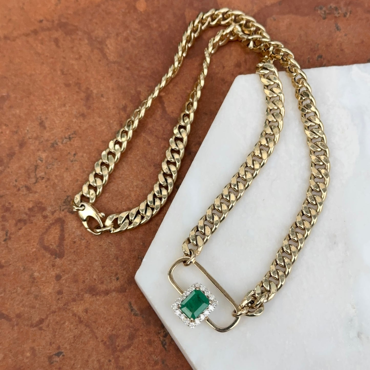 Estate 14KT Yellow Gold Emerald-Cut Emerald + Diamond Curb Chain Necklace