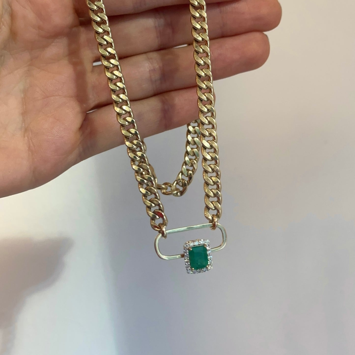 Estate 14KT Yellow Gold Emerald-Cut Emerald + Diamond Curb Chain Necklace