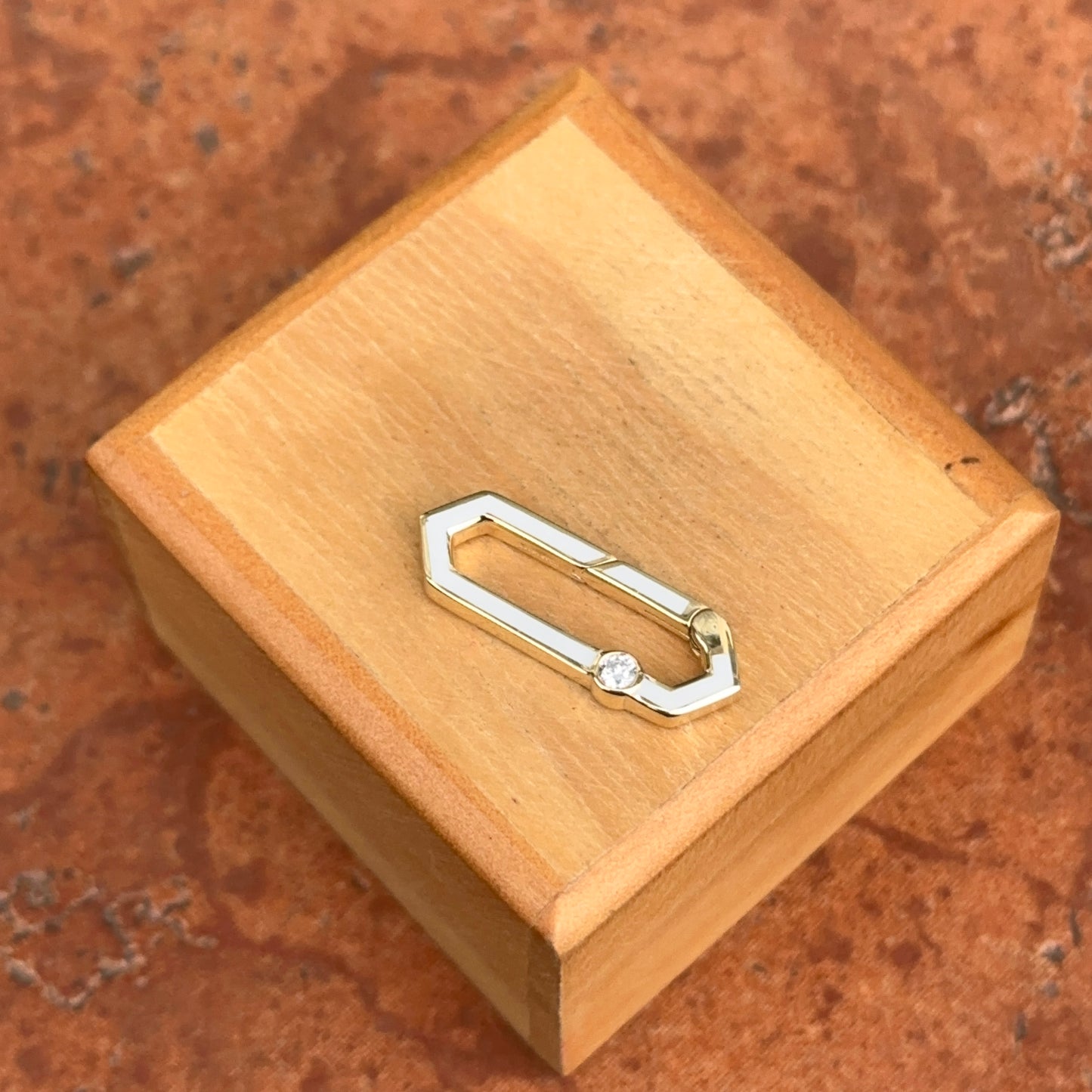 14KT Yellow Gold White Enamel + Bezel Diamond Push In Charm Clasp Connector