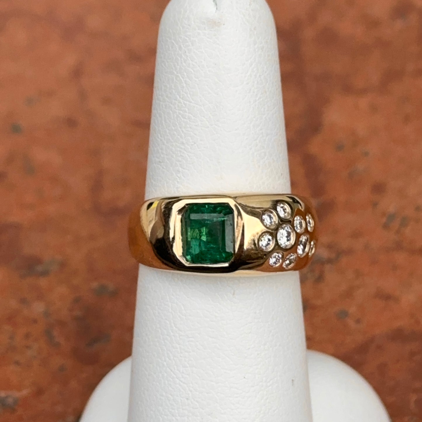 Estate 18KT Yellow Gold Emerald-Cut Emerald + Bezel Diamond Ring